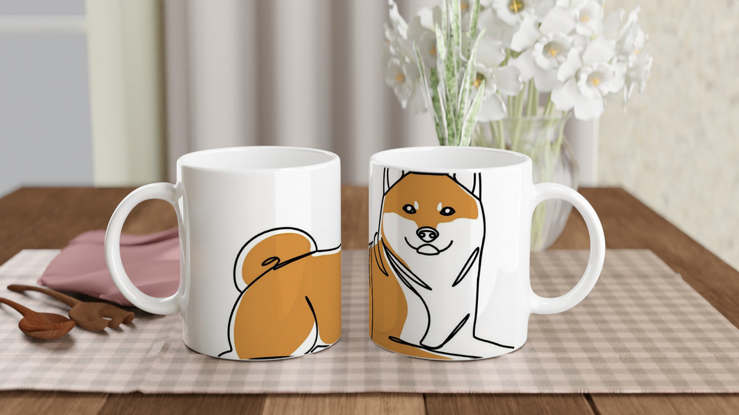 White 11oz Ceramic Mug - Shiba Inu Hanging Tough